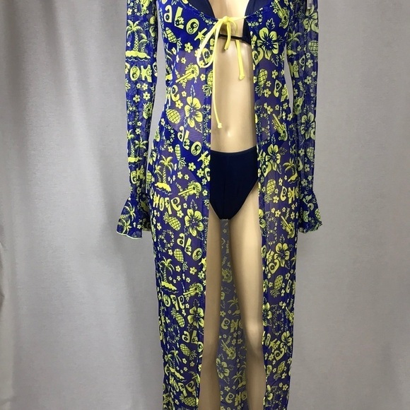 Zuliana Aloha Tropical Print Long Ruffle Sleeve Mesh Cover Up. Made in USA/ New - Picture 3 of 6